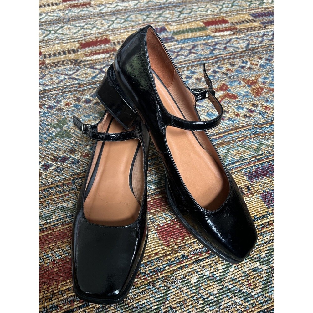 Maeve Anthropologie Mary Jane Square Toe Heels Black Patent Leather Sz 40 US 9